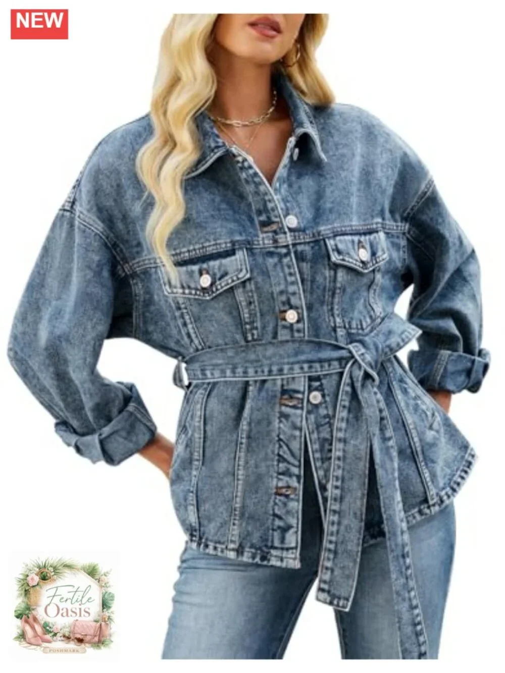 Oversized Denim Jacket with Belt Women Long Sleeve Button Down Boyfriend Jean